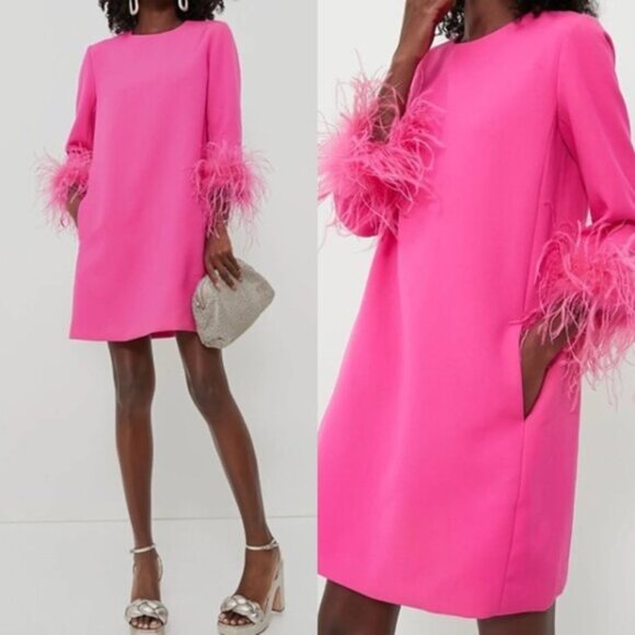 Tuckernuck Hot Pink Feather Trim Mod Mini Dress Party Cocktail M NWT - Picture 5 of 10